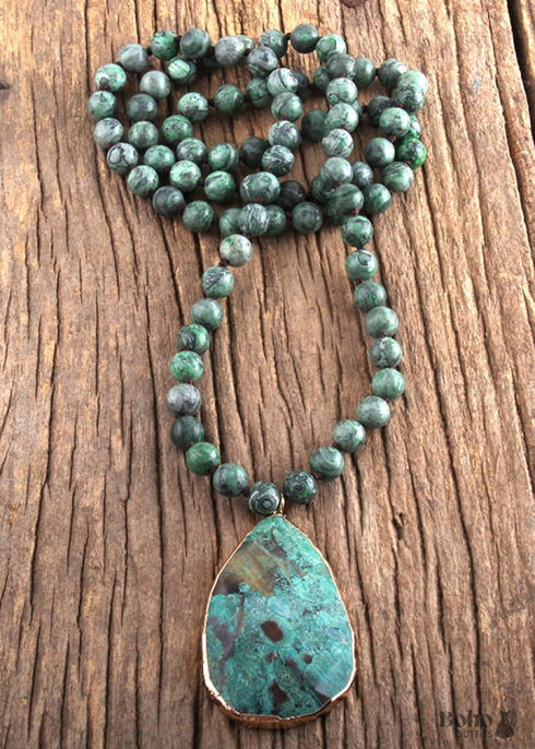 Boho Necklace, RH India Agated Blue and Green Natural Stone